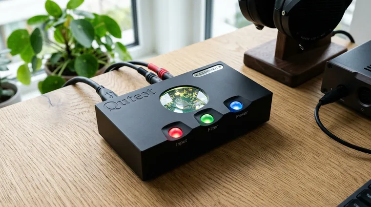 A Chord Electronics DAC with its signature illuminated control spheres on a desk