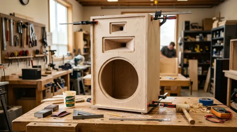 DIY Klipsch Cornwall clone cabinet build in progress under clamps