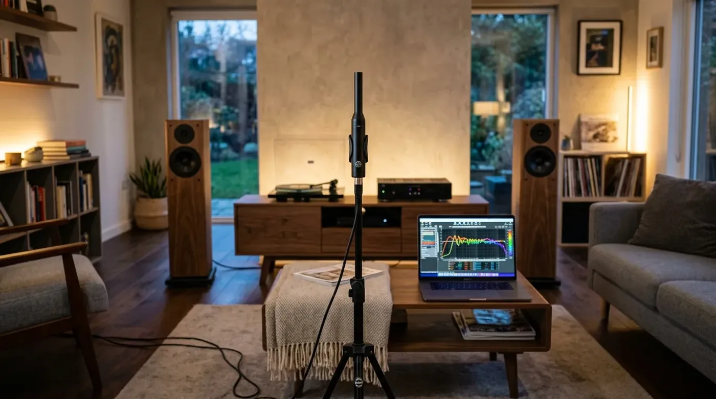 A measurement microphone on a stand in a living room, with room-correction software open on a laptop