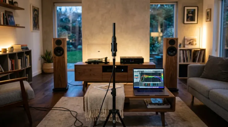 A measurement microphone on a stand in a living room, with room-correction software open on a laptop