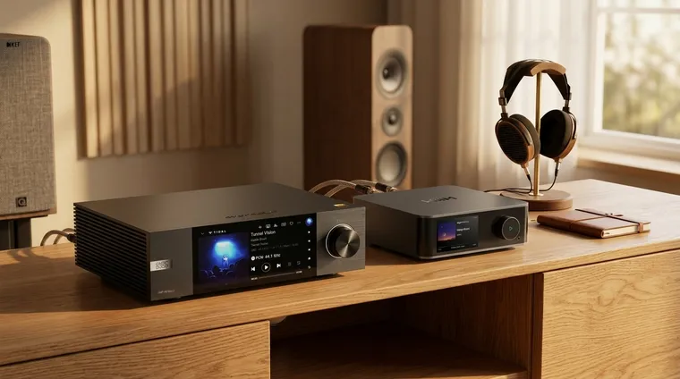 Eversolo DMP-A6 and WiiM Ultra network streamers side by side in a hi-fi rack
