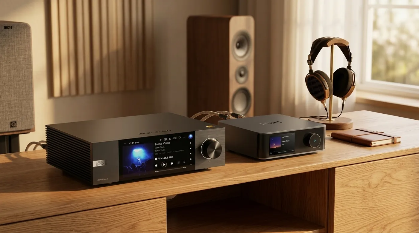 Eversolo DMP-A6 and WiiM Ultra network streamers side by side in a hi-fi rack