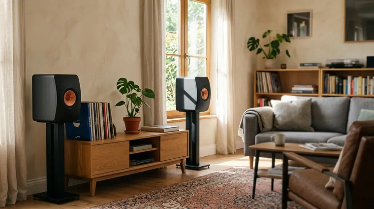 KEF LS50 Meta standmount speakers on stands in a real listening room